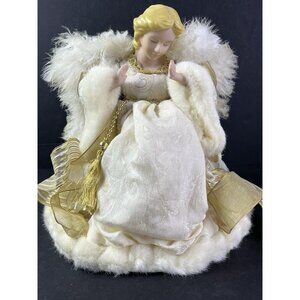 Angel Tree Topper Gold White Feather Wings Art Deco Nativity Table Top Vintage